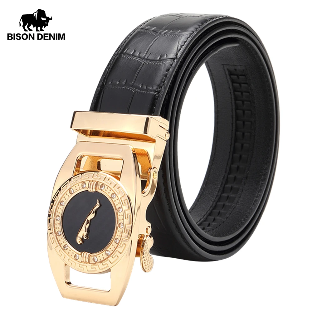 

BISON DENIM Genuine Leather Male Belt Alligator Pattern Luxury Strap Belts for Men Classic Fashion Slide Buckle men belt N71395