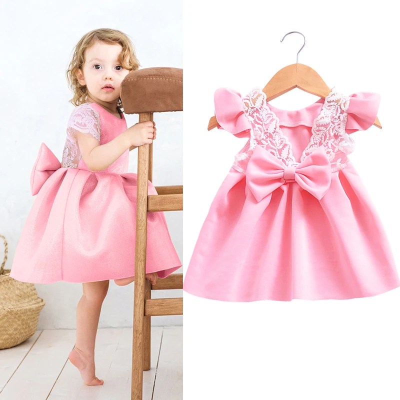 

Ins hot Children's dress European American Summer Baby small flying sleeves lace bow backless princess dress Sweet lovely A-ine