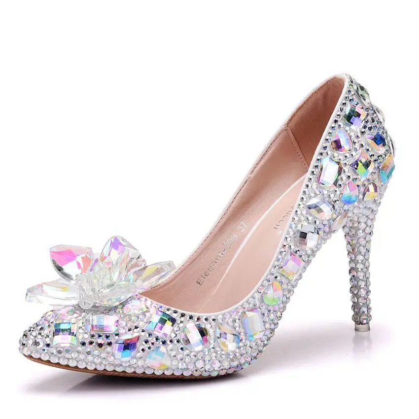 9.5cm Fashion Women Pumps Glass Slipper With Money Pointed High heeled Fine Rhinestone Sequins 