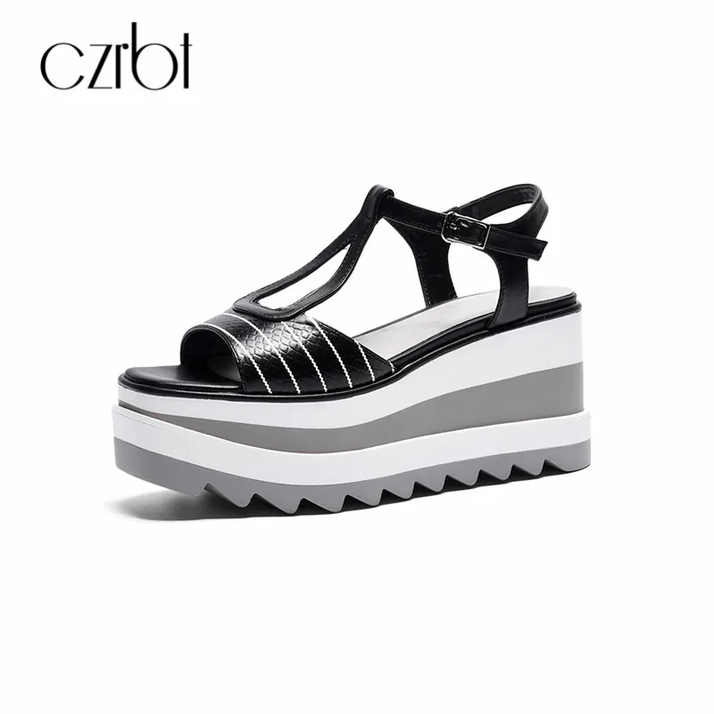 

CZRBT Women Genuine Leather Sandals Summer Platform Buckle Strap Wedges Sandals Casual High Heels Sandals Gladiator Women Shoes