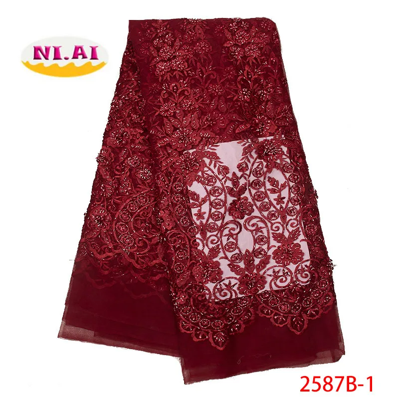 

African Beaded Lace Fabric 2019 Embroidered Nigerian Net Laces Fabric High Quality French Tulle Lace Fabric For Women XY2587B-1