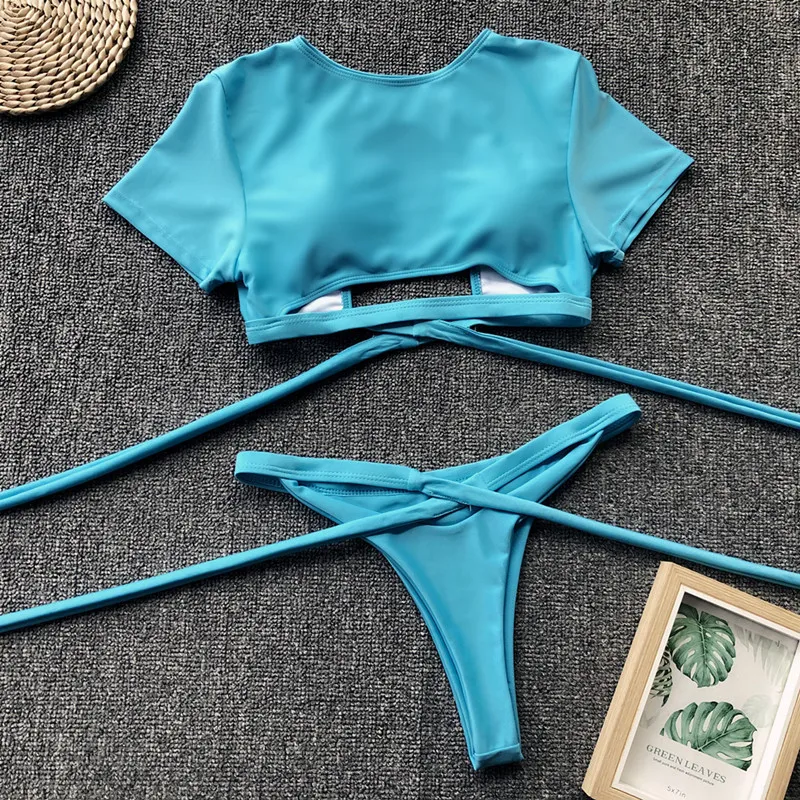 Леопардовый желтый бикини, укороченный топ, короткий рукав, сексуальный женский купальник, женский купальный костюм,, открытая, пуш-ап, купальник, пляжная одежда - Цвет: 08123  blue green