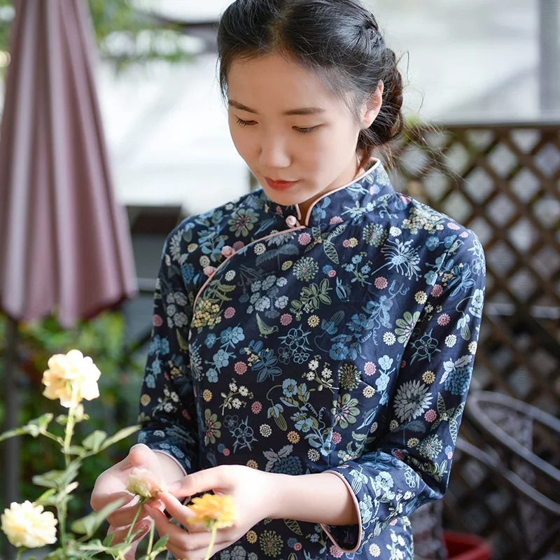 

Spring New Literary Cotton Linen Slim Stand Collar Plate Button Floral Printed Cheongsam Dress