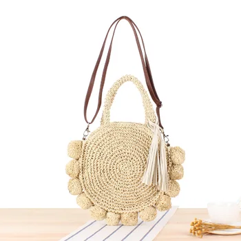 

Hairball Tassel Design Summer Women Hollow Out Beach Bag For Holiday Ladies Shoulder Bags Weaving Straw Bag Circular Bags Female