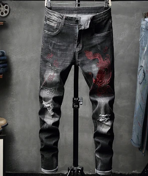 

Men's Jeans Autumn Embroidered Trousers Hole-Breaking Jeans Individual Beggars Elastic Leisure jean F896