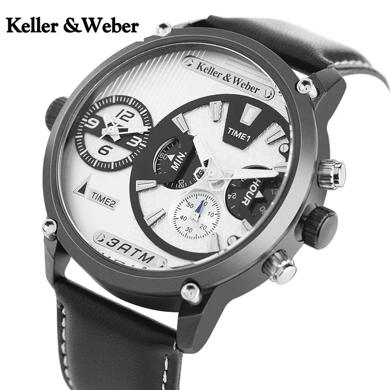 

Keller & Weber Big Dial Dual Time Zone Clock Male Quartz Analog Luxury Genuine Leather Aviator Sport Military Men's Wrist Watch