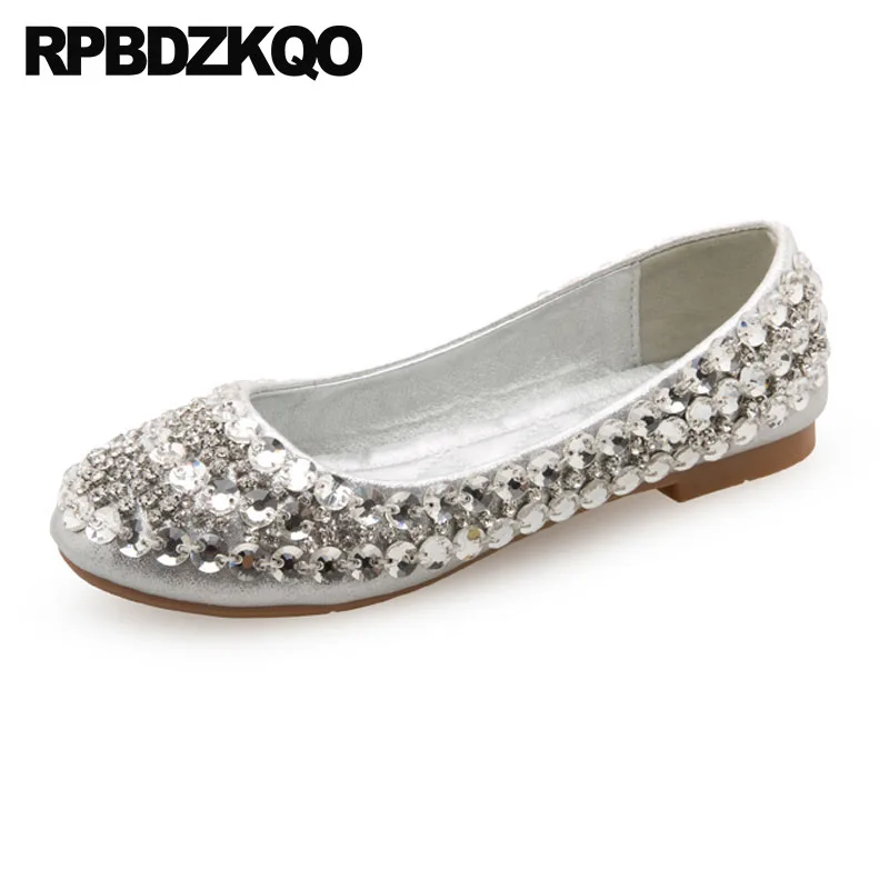 

Wedding Ballet Shoes Silver Ballerina Flats Dress Metallic Rhinestone Crystal China Round Toe Bling Diamond Women Cinderella