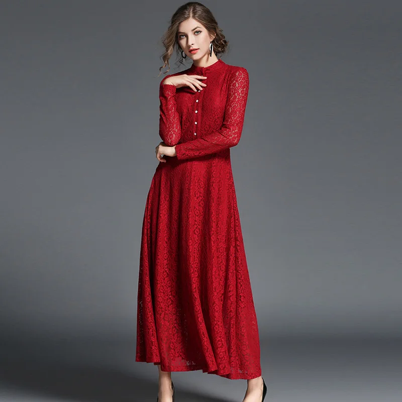 ShejoinSheenjoy Autumn Stand Hollow Lace Long Sleeve Dress Women Winter Red Buttons A-Line Party Dresses Black Women Long Dress (12)