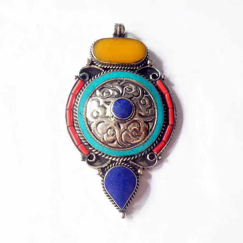 

TBP717 Vintage Handmade Pendant Copper Inlay Colorful Stone from Nepal