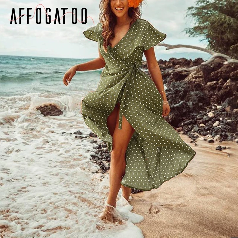 Afogatoo элегантное шифоновое платье в горошек с рюшами женское пляжное v-образным