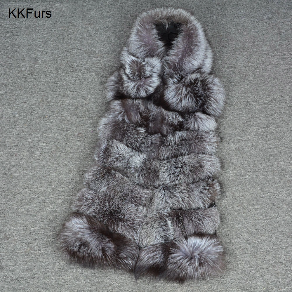 

JKKFURS 2019 New Arrivals Women Real Silver Fox Fur Vest 7 Rows Winter Fashion Warm Hood Gilet Natural Fur Waistcoat S7228