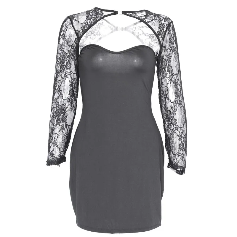 2016 High Quality Black Sequin Mini Dress With Lace Shrug Women Club Wear Sexy Long Sleeve Hollow Out Front Bodycon Dresses M-XL W850570 (4)