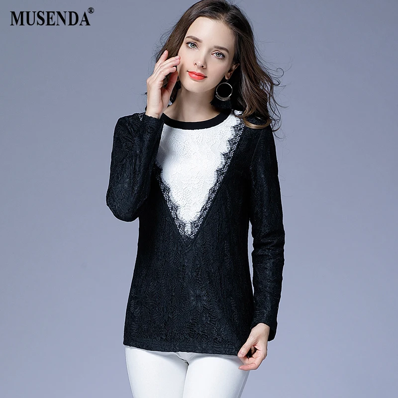 MUSENDA Plus Size Women Black White Patchwork Lace Velvet Blouse 2017 Autumn Winter Female Office Lady Tops Shirt Clothing white-cotton-lace-top : image MUSENDA Plus Size Women Black White Patchwork Lace Velvet Blouse 2017 Autumn Winter Female Office Lady Tops Shirt Clothing white-cotton-lace-top