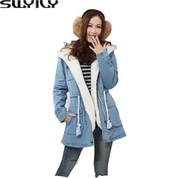 Джинсовая куртка для женщин женский овечья шерсть зимнее пальто длинный толстый хлопок стеганая парка