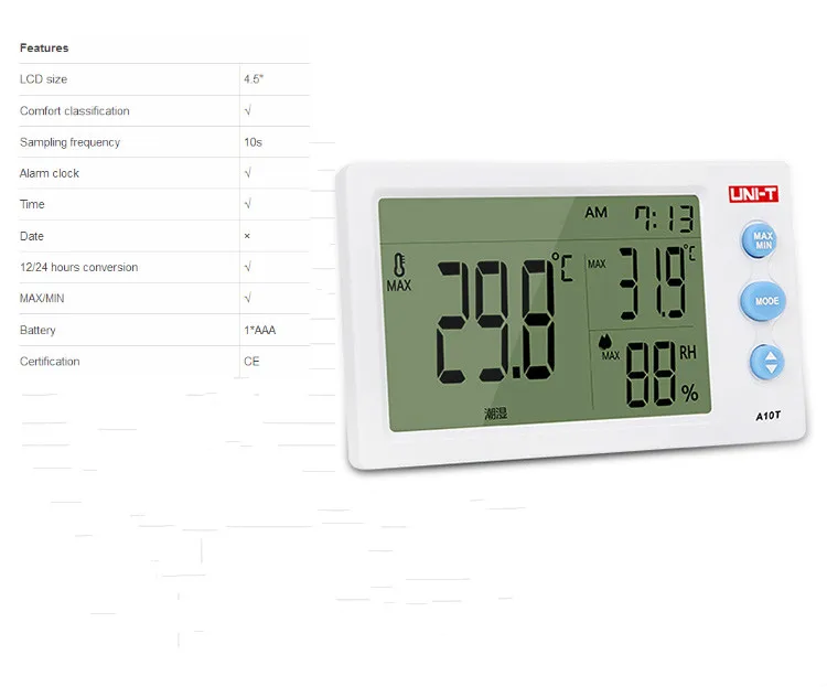UNI-T A10T цифровой ЖК-термометр измеритель влажности Часы с гигрометром Метеостанция тестер с функцией будильника