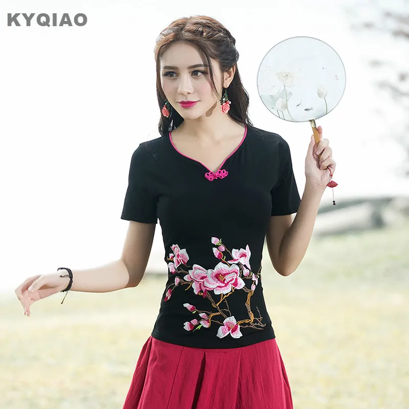 

KYQIAO Embroidery shirt 2019 women vintage boho ethnic short sleeve v neck white black frog embroidery cotton t shirt tee top