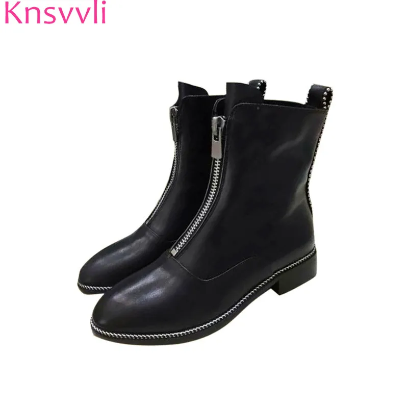 

Knsvvli women genuine leather short boots round toe front zip black martin boots rivets chain british style flat knee high boots