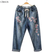 LXUNYI джинсы с вышивкой Женские Капри летние с дырками вышитые цветы на джинсах Женские винтажные с эластичной резинкой на талии тонкие свободные джинсовые штаны