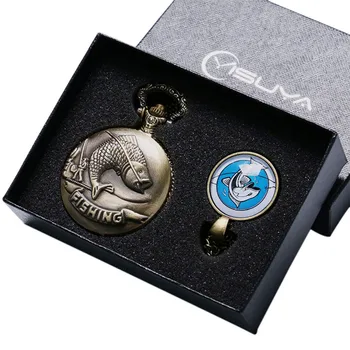 

Gift Set Bronze Fishing Big Fish Antique Quartz Pocket Watch Necklace Pendant Sweater Chain Thanksgiving Present