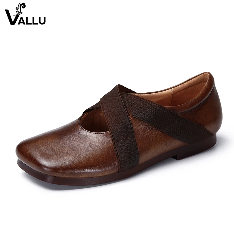 

2018 VALLU Handmade Vintage Women Flats Genuine Leather Square Toes Elastic Slip On Driving Shoes Women Flat Shoes
