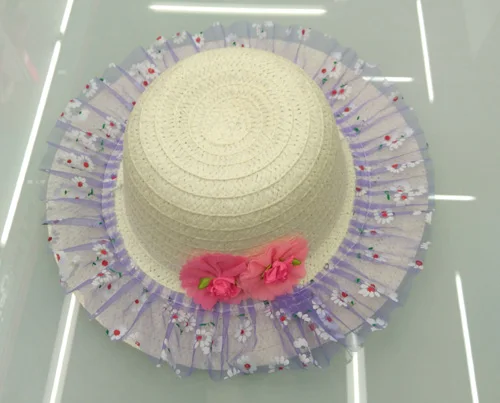 1 шт., новинка года, летняя детская шляпа для защиты от солнца, кружевная соломенная шляпа с 2 цветами для девочек, модная пляжная кепка, 5 цветов, и розничная - Цвет: Фиолетовый