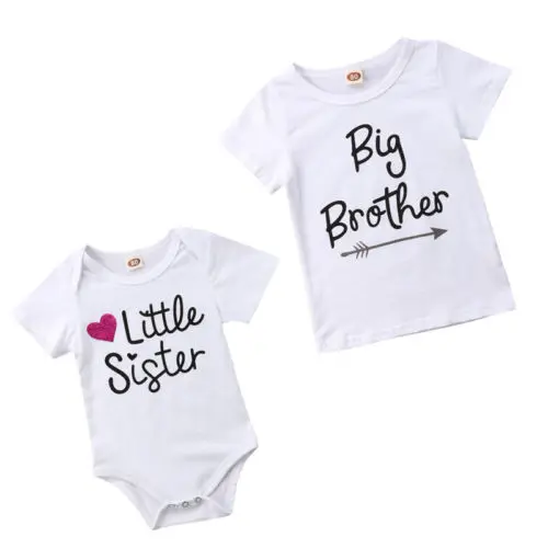 

2018 Brand New Casual Newborn Baby Boy Girls Summer T-shirt Short Sleeves Big Brother Tops Little Sister Romper Cute Outfit 0-5T