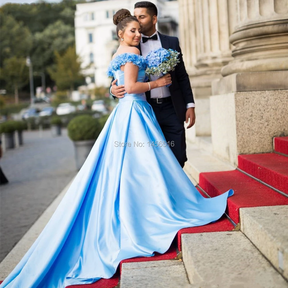 Charming Handmade Flowers Blue Bridesmaid Dresses 2018 Long Sweep Train Vestidos de Fiesta Cheap Custom Made Prom Party Dress (2)