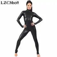 LZCMsoftผู้ใหญ่เงาโลหะสีดำแขนยาวUnitardของผู้หญิงLycra Spandexเต็มบอดี้สูทUnitardsบัลเล่ต์เต้นรำCatsuit