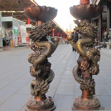 Bi002466 3" Огромный Китайский Regius Красный Бронзовый вырезать Большой Дракон Играть Бисера Подсвечник пара