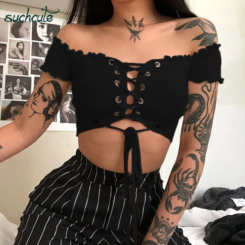 

SUCHCUTE Women's Shirt Off Shoulder Top Female T-Shirt Gothic Vintage Modis Summer Clothing Tee Harajuku Korean Style Top Female