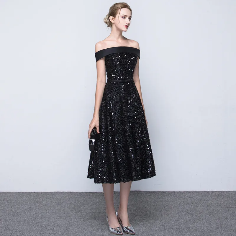 

Cheap Boat Neck Black Evening Gowns Full Sequined Gold Dress Evening A-Line Tea-Length Custom Evening Dress Silver Evening Gown