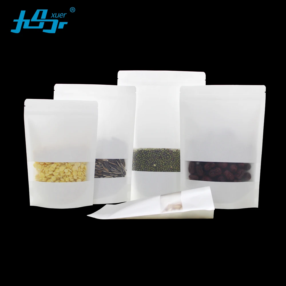 

OEM Stock many size 50pcs Food grade white Kraft paper Zip Lock bag with Frosted Window white color Zipper food Pouches gift bag