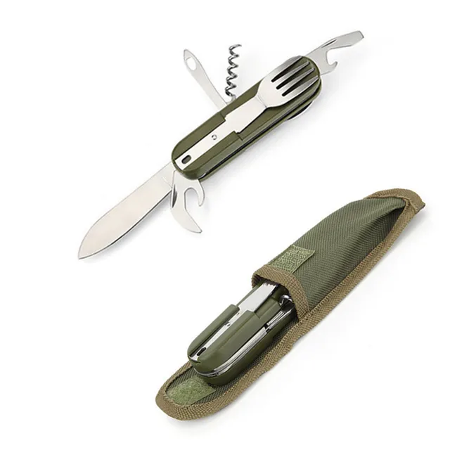 Folding Portable Stainless Steel Army Green Camping Picnic Cutlery