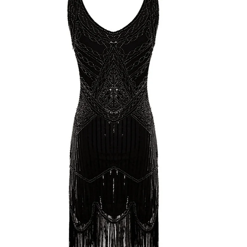Сексуальное Королевское черное платье без рукавов с вышивкой и бахромой в стиле Грейт Гэтсби, вечерние женские платья 1920 s, Платье С Блестками, Бисером и кисточками, платье с оборками