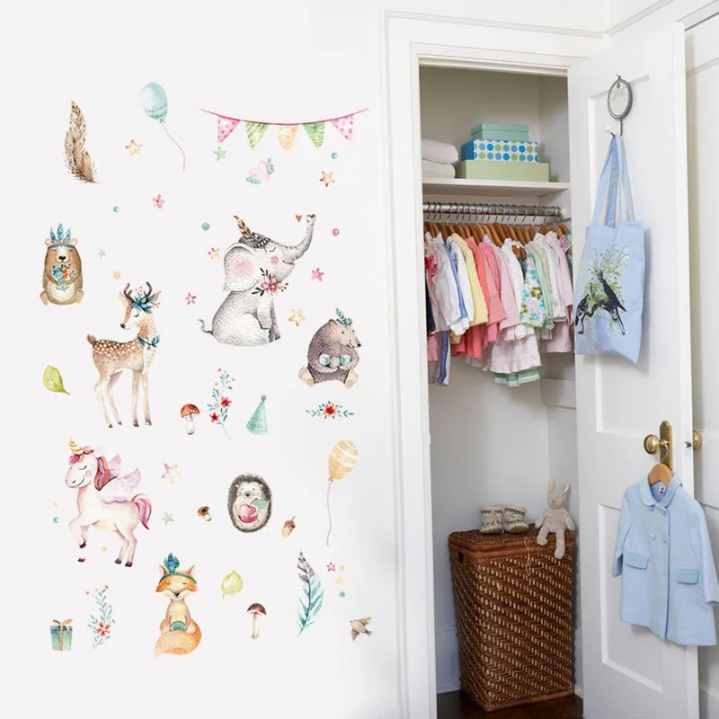  Cartoon Animals Watercolor Wall Sticker Bedroom Cupboard Kindergarten Wall Stickers For Kids Rooms  - 33056224385