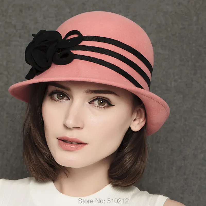 100 wool noble fashion ladies fedoras hat for women Pink Floral flower