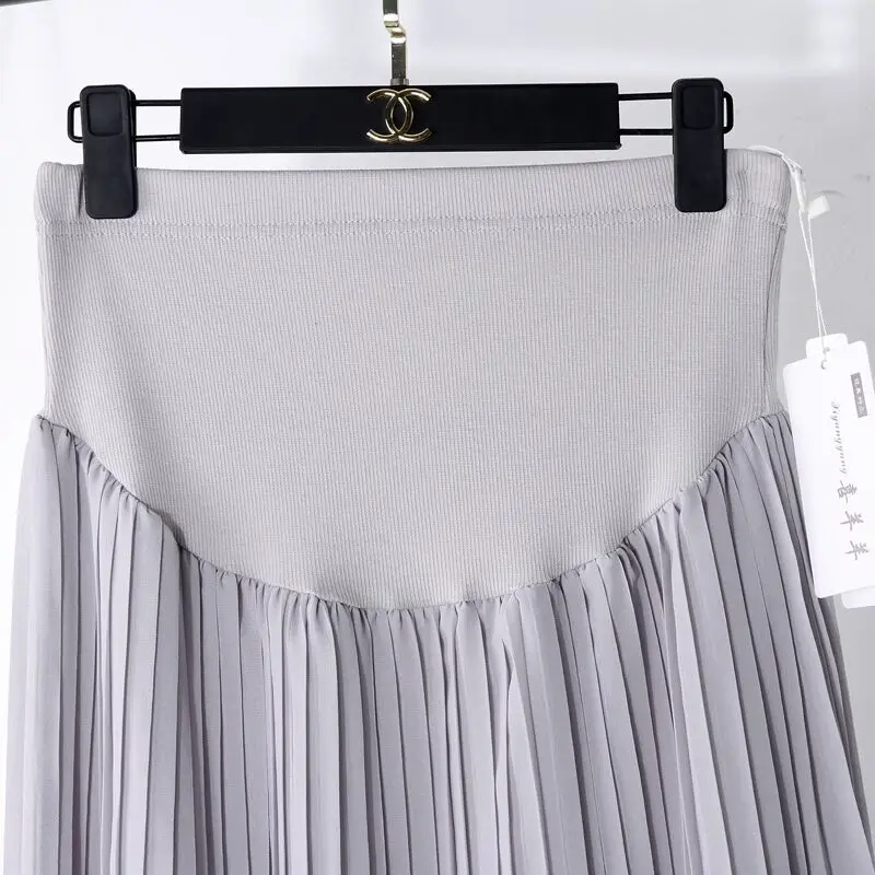 BONJEAN nueva primavera faldas de maternidad moda chifón cuidado vientre A-Line Falda plisada alta cintura negro y gris ropa de embarazo