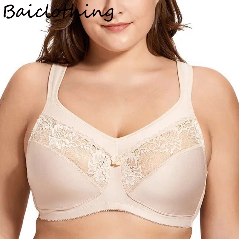 Tanie 36 38 40 42 44 46 48 C D DD E F BAICLOTHING duży rozmiar damski rysunek wsparcie pełne pokrycie Wirefree koronki bez podszewki Minimizer biustonosz