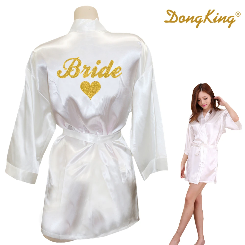 Dongking Bride Robe Bride Heart Kimono Golden Glitter Print Robes