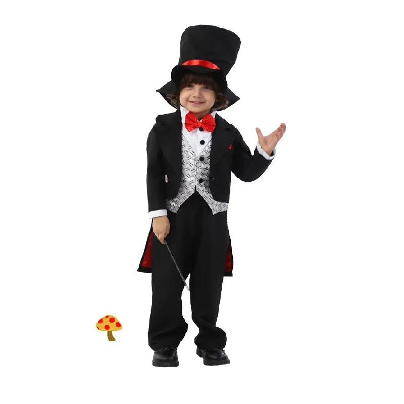 Красивый костюм волшебника для мальчиков, детский черный костюм на Хэллоуин с шапкой и палочкой, маскарадный костюм для новогодней вечеринки - Цвет: Черный