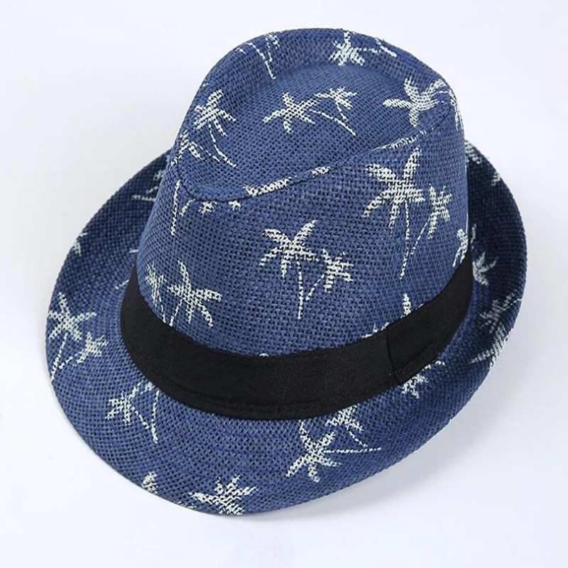 Unisex Summer Panama Straw Beach Caps Breathable Coconut Trees Print Vacation Sunshade Fedora Hat Short Brim Sports Sun Caps4