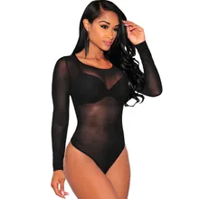 FeelinGirl New Sexy Women Bodysuit O-neck Transparent Stretch Playsuit Leotard Jumpsuit Overalls Enteritos Mujer Club Wear -D