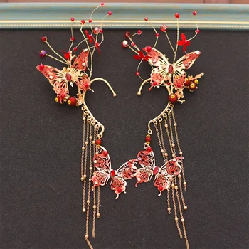 

Red golden Aesthetic Fairy butterfly ear hanging Hair decorative bride headdress wedding hair Accessories