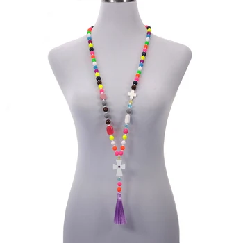 

Wholesale Ethnic Antique Long Cross Pendant Statement Necklace for Women Colorful Beaded Strand Long Tassel Bohemian Jewelry
