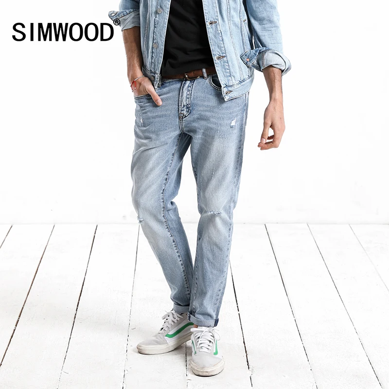 

SIMWOOD Brand Slim Jeans For Men Skinny Slim Hole Washed Denim Pencil Pants Stretch Waist Jeans Trousers Free shipping 180132