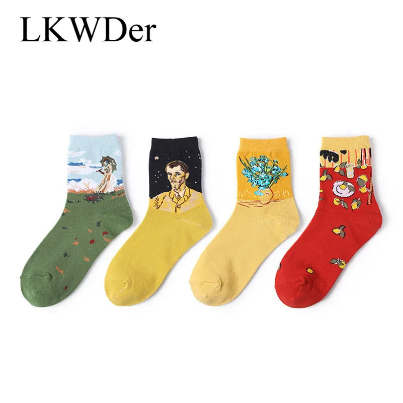 LKWDer 6 Pairs Spring Summer New Womens Socks European and American Creative Oil Painting Short Tube Art Women Girls Meias | Женская