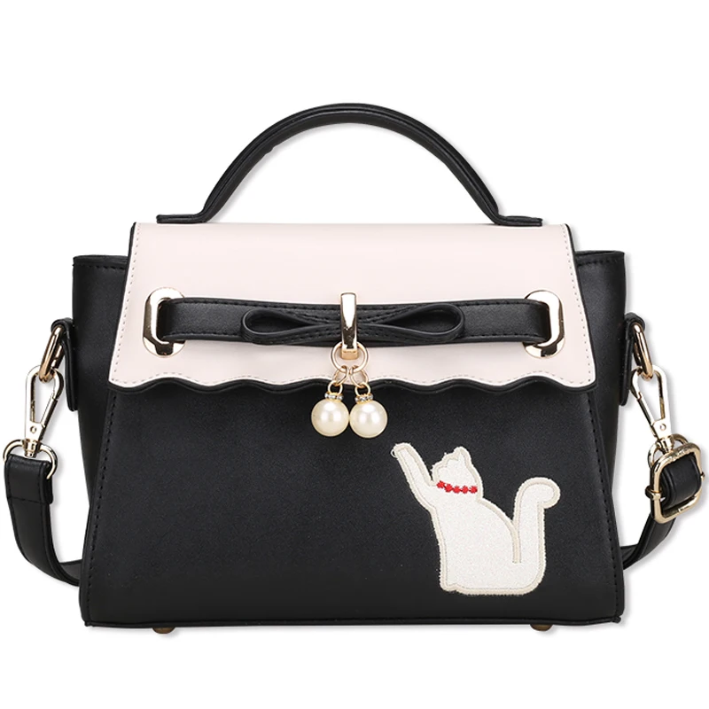 

Women Leather Embroidery Handbags Girl Shoulder Bags Messenger Bag Female Tote Braccialini Style Handicraft Art Cartoon Cat bell