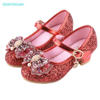 

Girls Princess Shoes New Spring Summer High Heels Bowknow Glitter Kids Wedding Sandals for Children Party shoes for Girls sandal