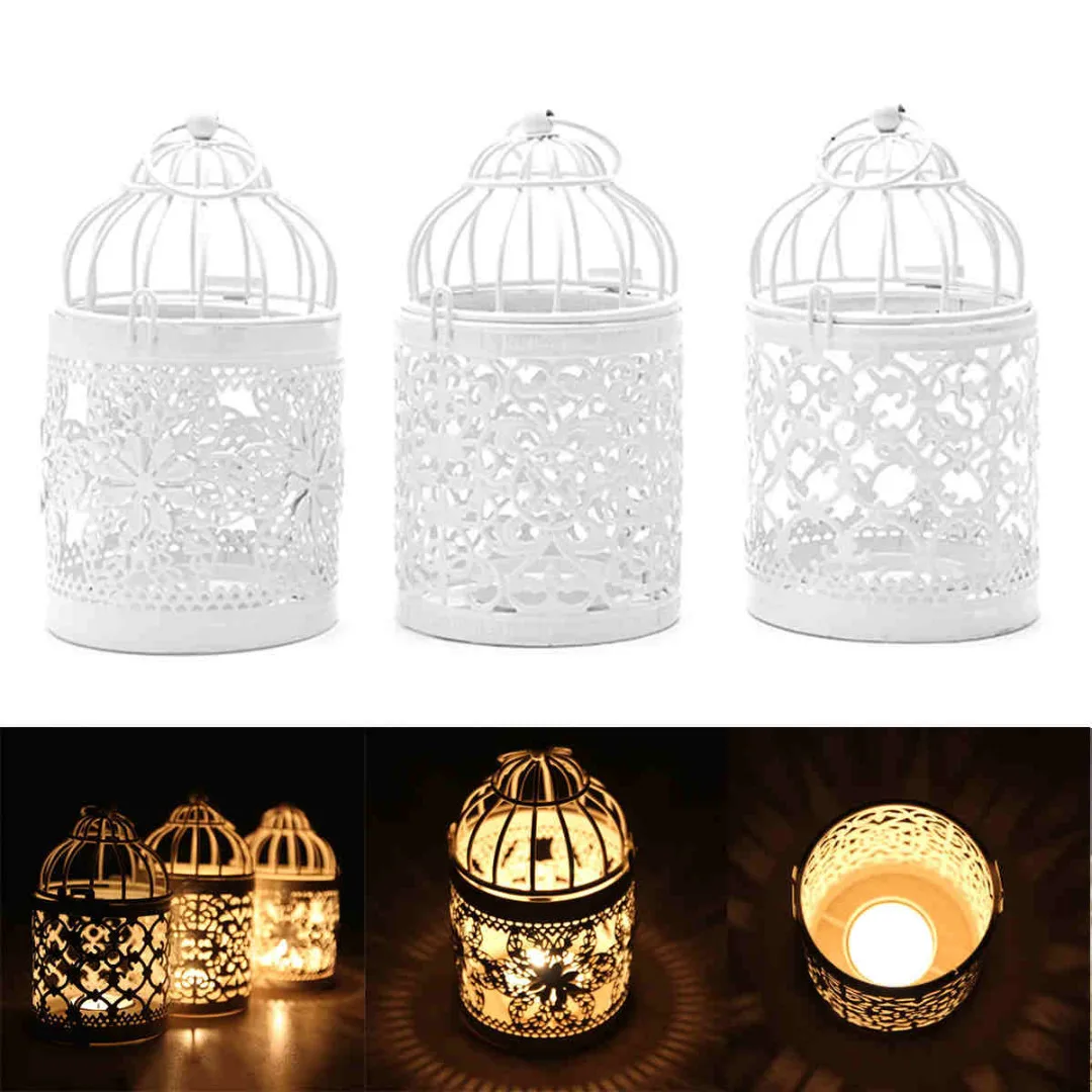 1pc Metal Hollow Candle Holder Tealight Candlestick Hanging Lantern Bird Cage White