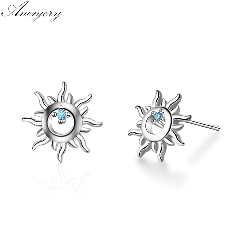 Anenjery 2019 New Blue Zircon Sun Flower Earrings 925 Sterling Silver Earrings For Women S-E749
